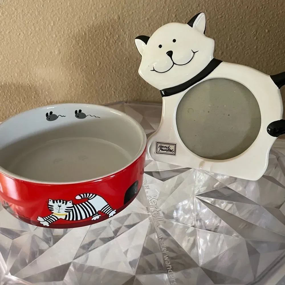 Whisker City Mice Cat Dish & Vintage Dept 56 80’s Cat Frame